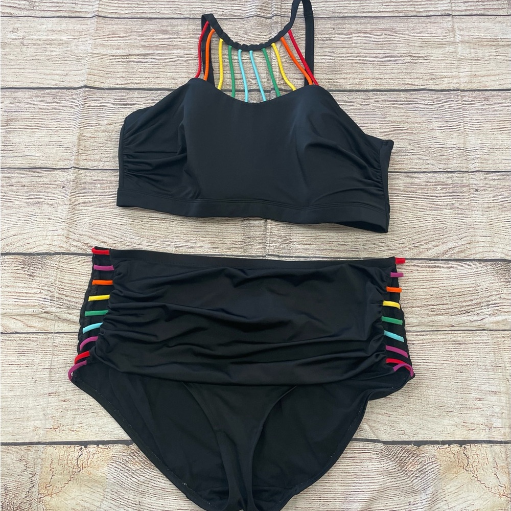 Lane Bryant Black and Red Bikini with High Neck and Racerback